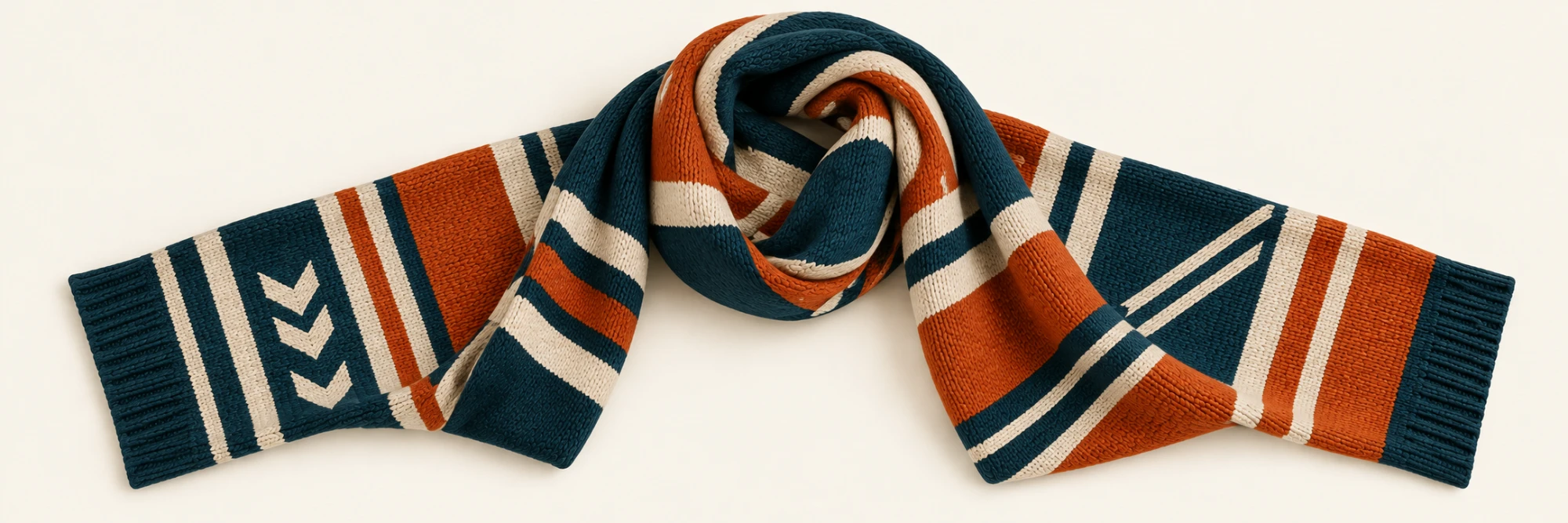 Bufanda deportiva de rayas azul marino, naranja quemado y crema